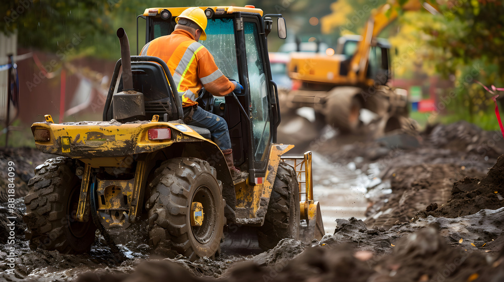 Worker operating a skid steer loader, transporting materials on construction site in yellow safety gear. Worker operating a skid steer loader, transporting materials on construction site in yellow safety gear.