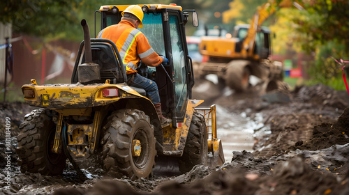 Worker operating a skid steer loader, transporting materials on construction site in yellow safety gear. photo