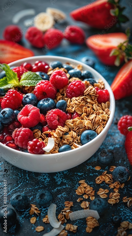 Healthy Breakfast Bowl with Berries and Granola on Rustic Table Healthy Breakfast Bowl with Berries and Granola on Rustic Table
