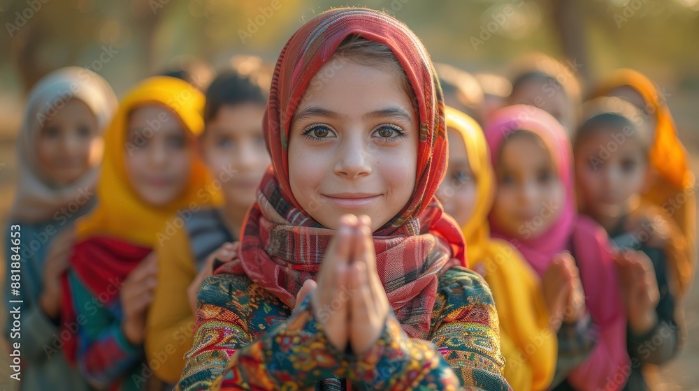 Fototapeta premium A dedicated teacher and diverse children, hands joined, radiate love and unity in a heartwarming moment