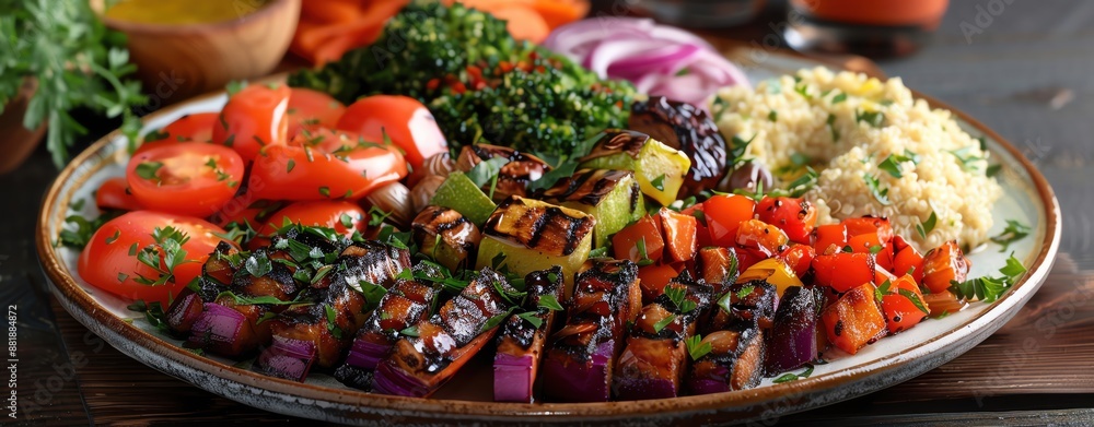 a hyper-realistic photograph of a gourmet vegetarian platter, featuring an assortment of grilled and roasted vegetables, quinoa salad, and hummus, arranged beautifully on a plate a hyper-realistic photograph of a gourmet vegetarian platter, featuring an assortment of grilled and roasted vegetables, quinoa salad, and hummus, arranged beautifully on a plate
