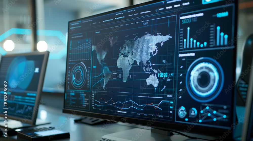 High-tech control room with glowing digital monitors displaying world maps and data charts, creating an atmosphere of precision and innovation. High-tech control room with glowing digital monitors displaying world maps and data charts, creating an atmosphere of precision and innovation.