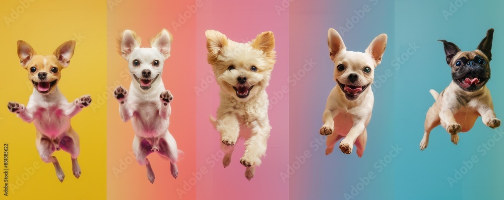 Happy young dogs posing in a colorful studio setting. Happy young dogs posing in a colorful studio setting.