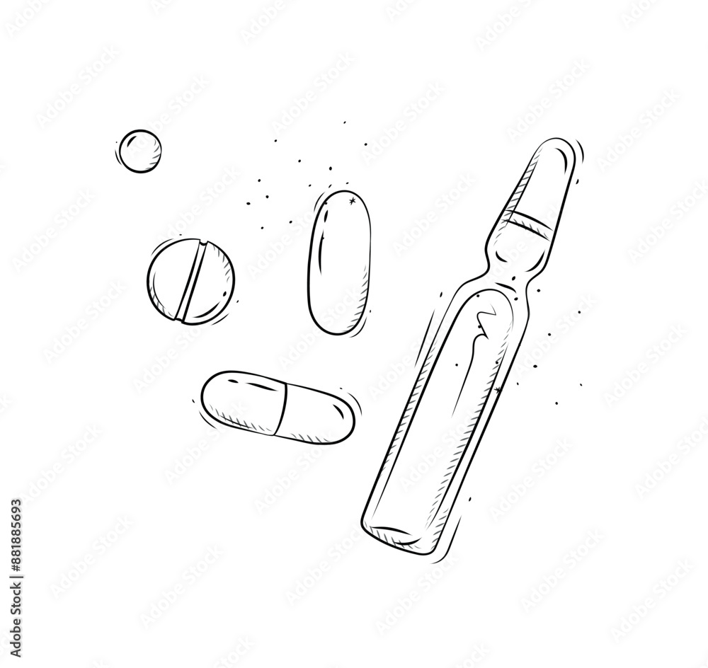 Medicines forms for medical purposes drawing in graphic style on white background