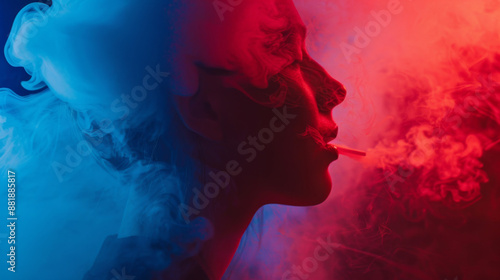 A close-up of a person's face enveloped in colorful smoke, with dramatic red and blue tones blending to create a surreal and enigmatic visual.