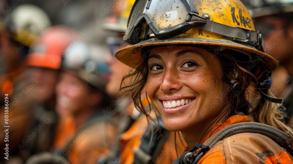 A diverse group of workers, smiling and collaborating, wear safety gear as they work together A diverse group of workers, smiling and collaborating, wear safety gear as they work together