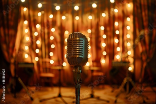 A classic ribbon microphone set against a backdrop of red curtains and vintage-style garlands. Perfect for concert photography, karaoke, restaurants, music festivals, or posters. photo