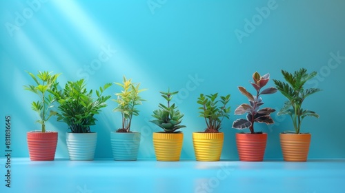Vibrant Succulent Display, Bright Potted Plants on a Blue Background