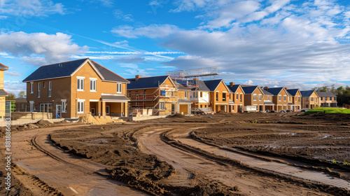 Construction of modern houses under a vivid blue sky, with newly built homes lining a dirt road, representing growth and development in a suburban neighborhood.