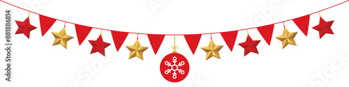 Hanging christmas balls, stars, flags holiday party banner. Xmas golden, red decoration isolated on transparent background.