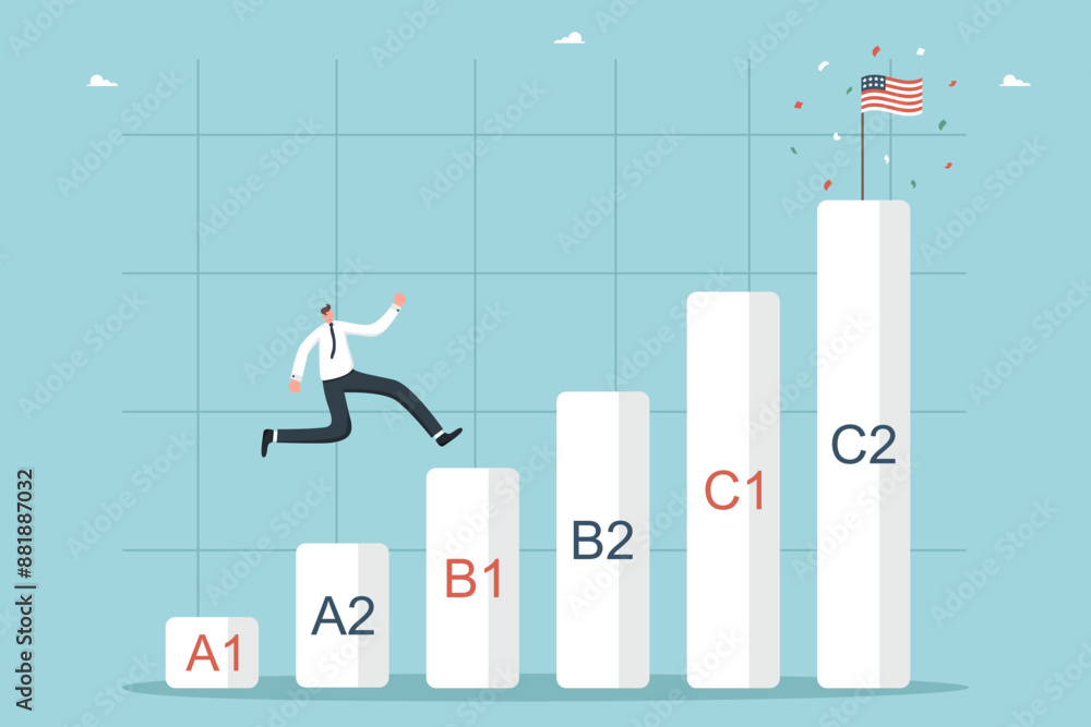 Studying american english language, online courses at language school, english proficiency levels, future brilliant knowledge of language, man runs on an ascending graph towards the american flag. Studying american english language, online courses at language school, english proficiency levels, future brilliant knowledge of language, man runs on an ascending graph towards the american flag.