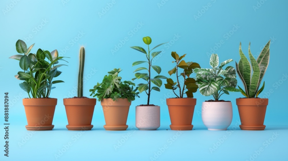 Fototapeta premium Vibrant Collection of Potted Indoor Plants Against a Blue Background