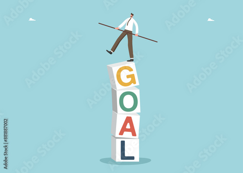 Showing initiative in achieving business goals, motivation and determination to succeed, leadership qualities for great success, career growth, accuracy in setting goals, man balancing on cubes goal.
