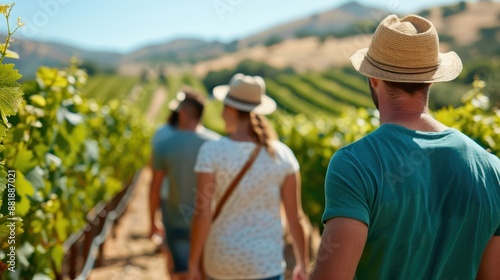 A group of people is captured walking through a lush vineyard under sunny skies, depicting leisure, togetherness, and the beauty of nature's bounty during a vineyard tour.