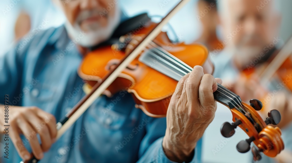 An elderly man deeply engrossed in playing the violin, highlighting his passion, skill, and the nostalgic charm, with a close-up view of his hands and the instrument, capturing the essence of music. An elderly man deeply engrossed in playing the violin, highlighting his passion, skill, and the nostalgic charm, with a close-up view of his hands and the instrument, capturing the essence of music.
