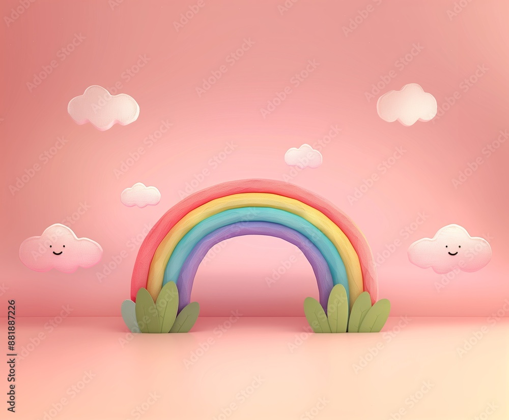 Colorful Clay Rainbow with Smiling Clouds on Pink Background for Children's Room Decor, Playful and Whimsical Design, Ideal for Kids, Nursery Art, and Playroom Accessories Colorful Clay Rainbow with Smiling Clouds on Pink Background for Children's Room Decor, Playful and Whimsical Design, Ideal for Kids, Nursery Art, and Playroom Accessories