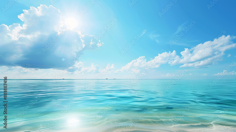 A breathtaking view of a tranquil beach with crystal-clear turquoise waters merging with the horizon under a bright, sunlit sky dotted with fluffy clouds. A breathtaking view of a tranquil beach with crystal-clear turquoise waters merging with the horizon under a bright, sunlit sky dotted with fluffy clouds.