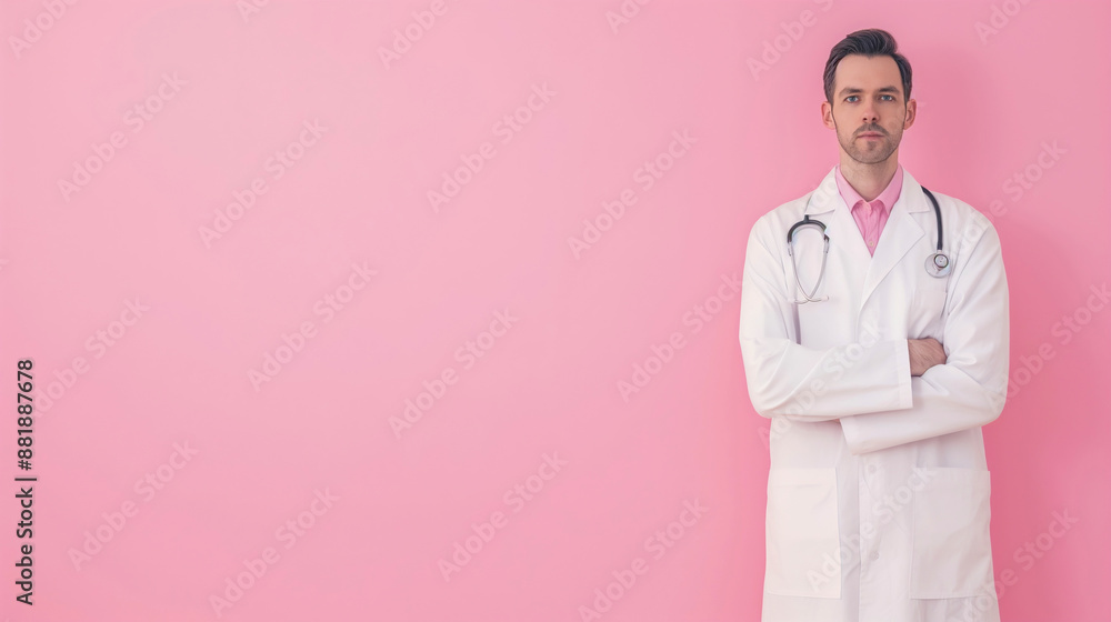 Confident Male Doctor Wearing White Coat And Stethoscope Standing Against Pink Background, Medical Professional, Healthcare Worker, Hospital Staff Portrait, Modern Medical Practice Confident Male Doctor Wearing White Coat And Stethoscope Standing Against Pink Background, Medical Professional, Healthcare Worker, Hospital Staff Portrait, Modern Medical Practice