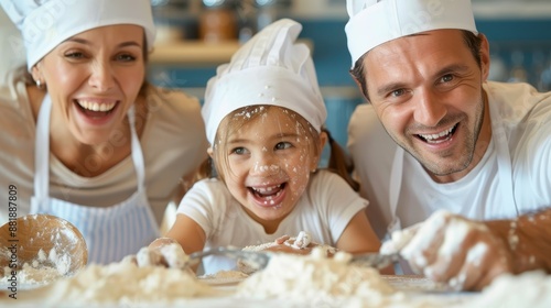 A family consisting of two adults and a child is baking together in the kitchen, covered in flour and smiling. They seem to be enjoying their time, showcasing warmth and joy. photo