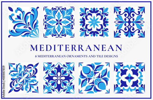 Set of Mediterranean ornaments and tiles, vector 