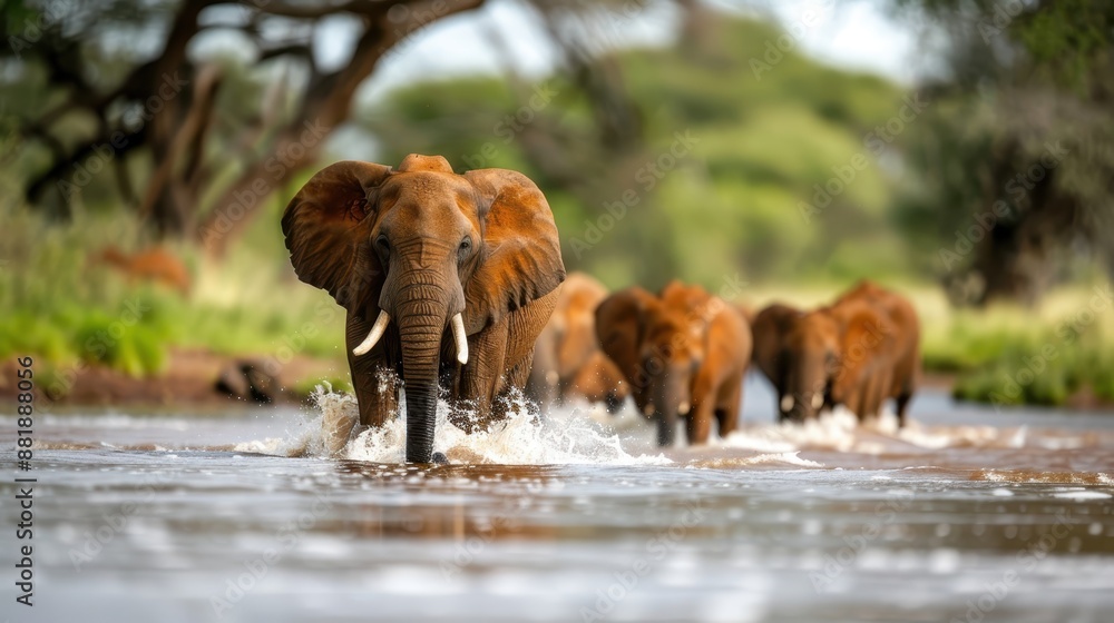 A majestic herd of elephants strides through a shallow stream, splashing water while bathed in sunlight, capturing a tranquil moment of nature's grandeur. A majestic herd of elephants strides through a shallow stream, splashing water while bathed in sunlight, capturing a tranquil moment of nature's grandeur.