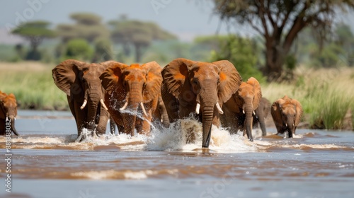 A dynamic photograph of an elephant herd charging through water, showcasing their strength and unity as they create energetic splashes against a serene backdrop. photo