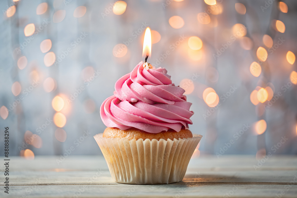 A delicious cream cake with a candle on a rustic wooden table. Focus concept A delicious cream cake with a candle on a rustic wooden table. Focus concept