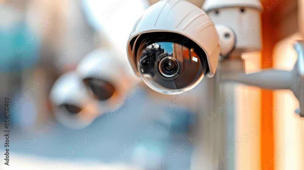 A close-up shot of multiple modern security surveillance cameras monitoring an area, highlighting the importance of safety and vigilance in public and private spaces. A close-up shot of multiple modern security surveillance cameras monitoring an area, highlighting the importance of safety and vigilance in public and private spaces.