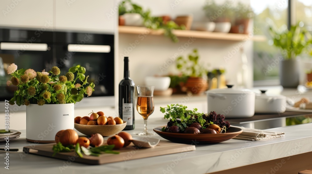 A beautifully arranged modern kitchen counter displaying fresh ingredients, a bottle of wine, and kitchen utensils set in a well-lit atmosphere, emphasizing culinary preparation. A beautifully arranged modern kitchen counter displaying fresh ingredients, a bottle of wine, and kitchen utensils set in a well-lit atmosphere, emphasizing culinary preparation.