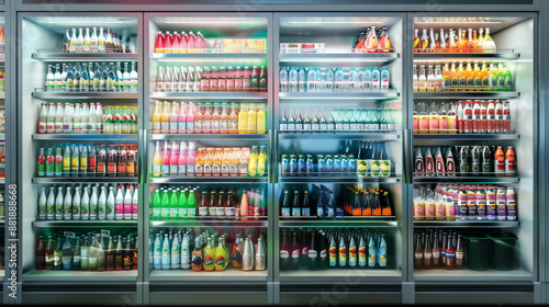 A spacious, modern fridge stocked with a diverse selection of colorful beverages, carefully organized in rows inside a well-lit retail outlet.