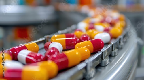 Red and white capsules moving on a conveyor line in a pharmacy factory, showcasing the high-tech and automated process of pill production in a controlled environment.