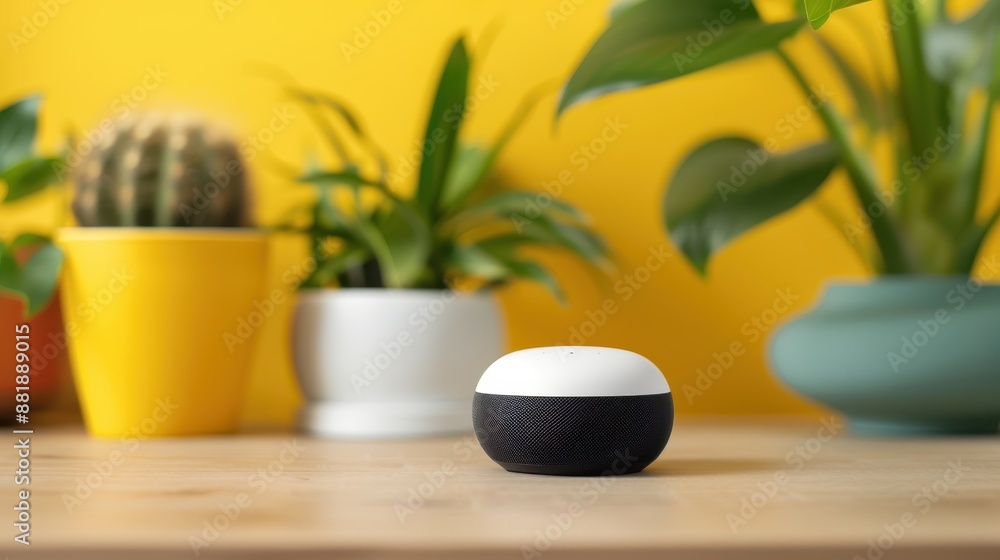A black and white smart home device sits on a wooden table with colorful plant pots and green foliage, emphasizing a bright and technology-enhanced living space. A black and white smart home device sits on a wooden table with colorful plant pots and green foliage, emphasizing a bright and technology-enhanced living space.