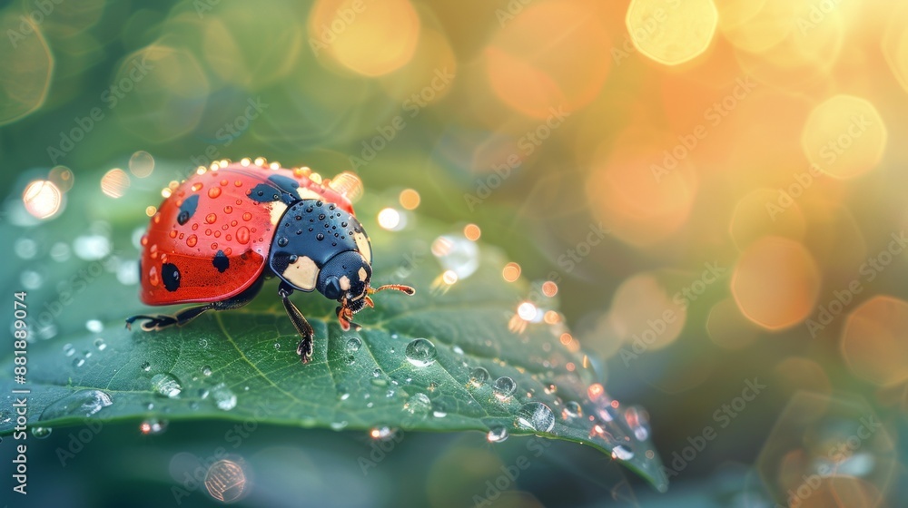 Naklejka premium Vibrant Ladybug Resting on Dew-Kissed Leaf in Sunny Bokeh Dreamscape