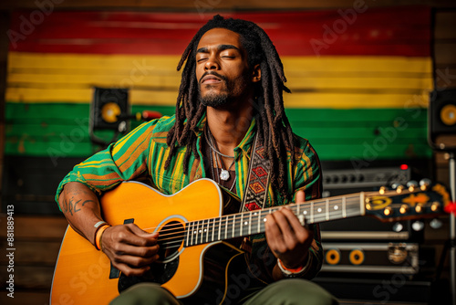 A reggae music artist with dreadlocks wearing green, yellow and red playing an acoustic guitar, magical atmosphere of musical creation.