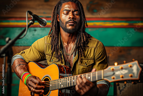 A reggae music artist with dreadlocks wearing green, yellow and red playing an acoustic guitar, magical atmosphere of musical creation.