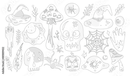 Set of isolated Halloween decoration elements in doodle hand-drawn graphic vector illustration on transparent background 7. Black outline style for coloring book.