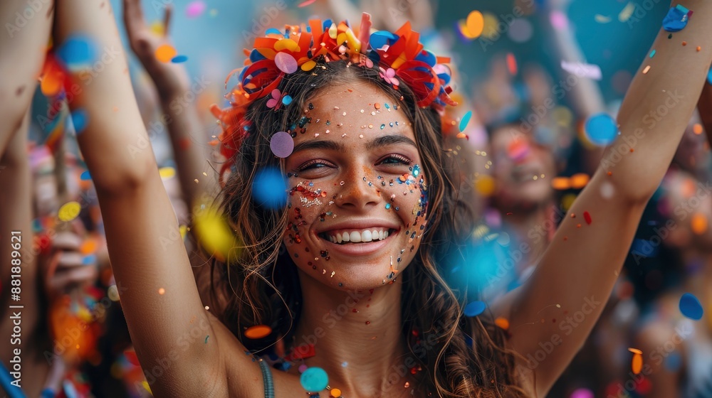 Obraz premium Friends, faces filled with excitement, enjoy a colorful carnival at home