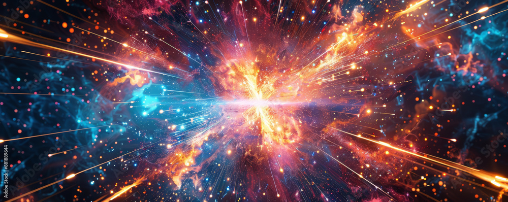 A high-energy background with bright, glowing lines and sparks emanating from a central point, surrounded by a dark, starry backdrop.