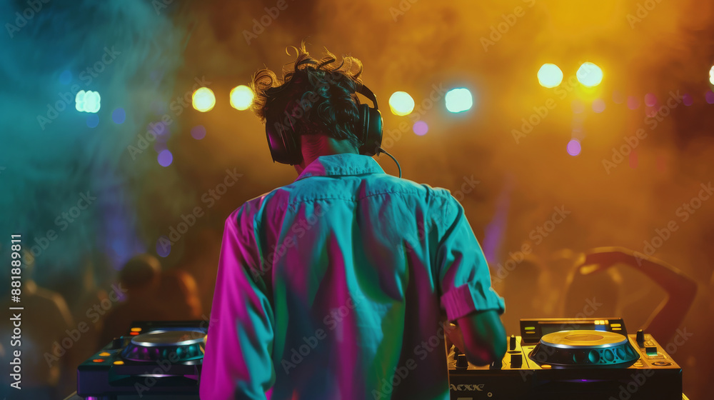 A DJ engrossed in his mixing at a vibrant night club, bathed in colorful lights and surrounded by a hazy atmosphere, portrays the lively essence of nightlife. A DJ engrossed in his mixing at a vibrant night club, bathed in colorful lights and surrounded by a hazy atmosphere, portrays the lively essence of nightlife.