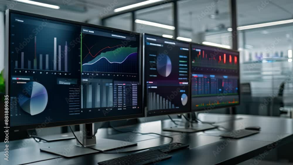 A computer monitor sitting on top of a desk in an office setting, Multiple screens in an office displaying different aspects of data analysis A computer monitor sitting on top of a desk in an office setting, Multiple screens in an office displaying different aspects of data analysis