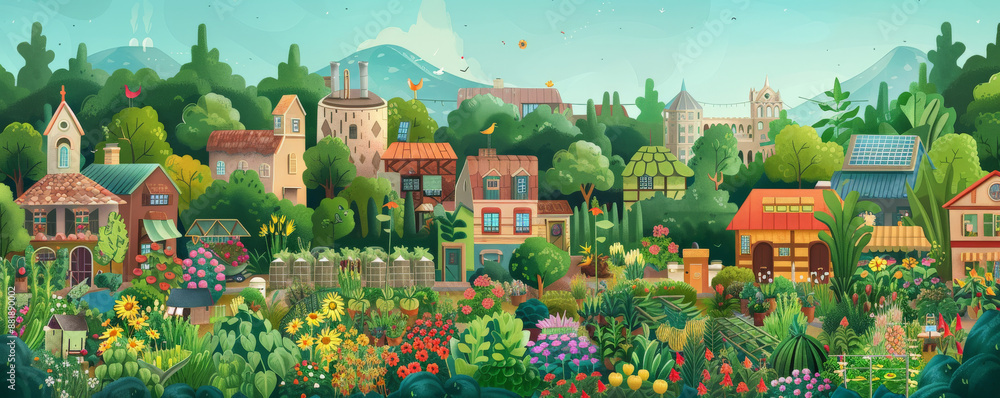 Obraz premium A safe planet backdrop showcasing a thriving community garden with diverse plants, flowers, and vegetables, evoking a sense of community and sustainability.