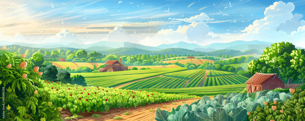 Fototapeta premium A safe planet backdrop with a serene rural landscape, featuring sustainable farming practices, diverse crops, and green fields.