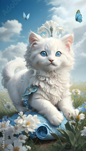 A fluffy white kitten with bright blue eyes photo