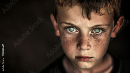 A young boy with piercing green eyes and freckles stares intensely, his face conveying deep emotion and contemplation.