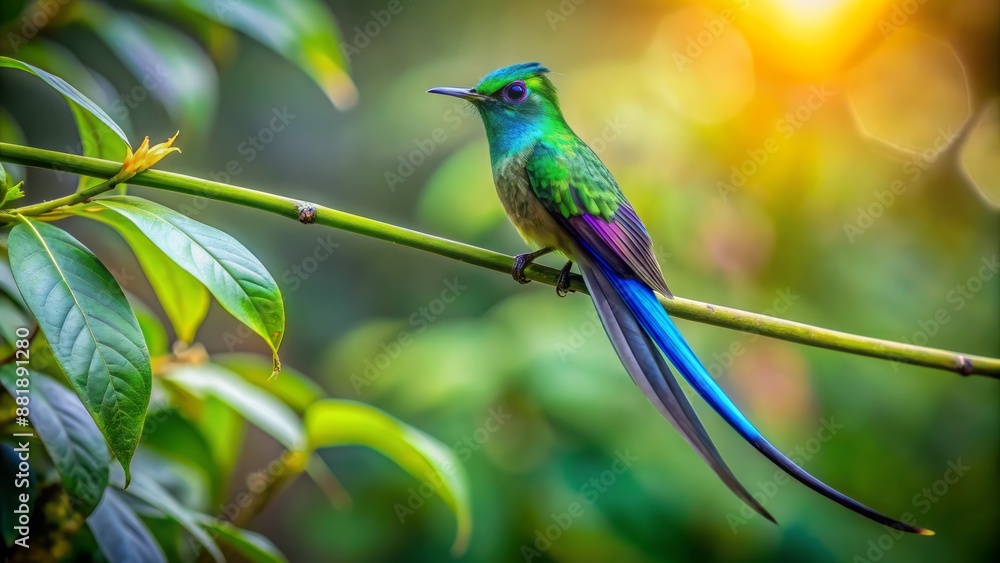 Obraz premium Vibrant iridescent feathers of beautiful long-tailed sylph hummingbird glisten on attractive branch with lush green leaves and subtle bokeh background.