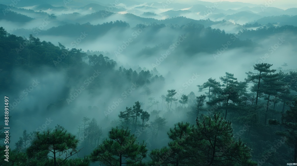 Misty Mountain Forests and Valleys in Serene Dawn Light Misty Mountain Forests and Valleys in Serene Dawn Light