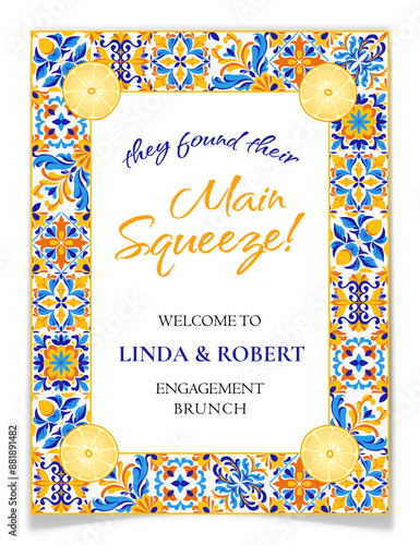 Blue Tiles and Lemons Engagement Invitation Card