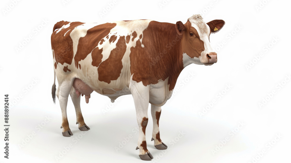 A different breed of cow with brown and white spots standing against a plain white background, presenting its characteristic features. A different breed of cow with brown and white spots standing against a plain white background, presenting its characteristic features.