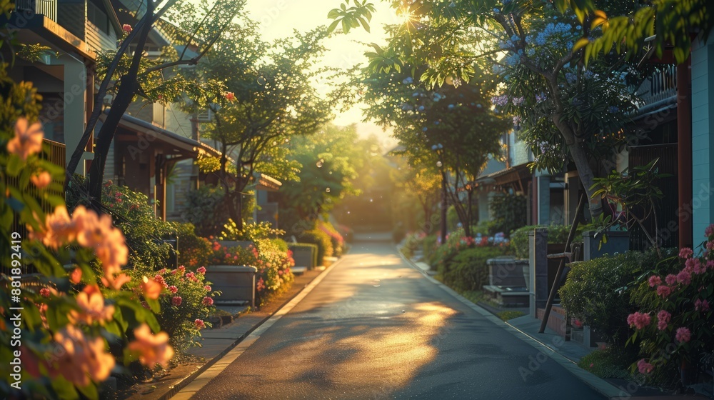 Sunlit Suburban Street with Flowers and Trees in Early Morning Sunlit Suburban Street with Flowers and Trees in Early Morning
