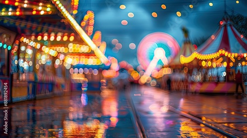 Blurred carnival lights in night time funfair
